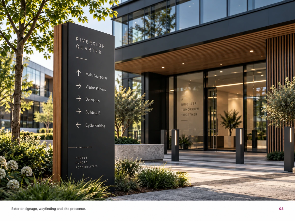 Page 3: Exterior signage, wayfinding and site presence.
