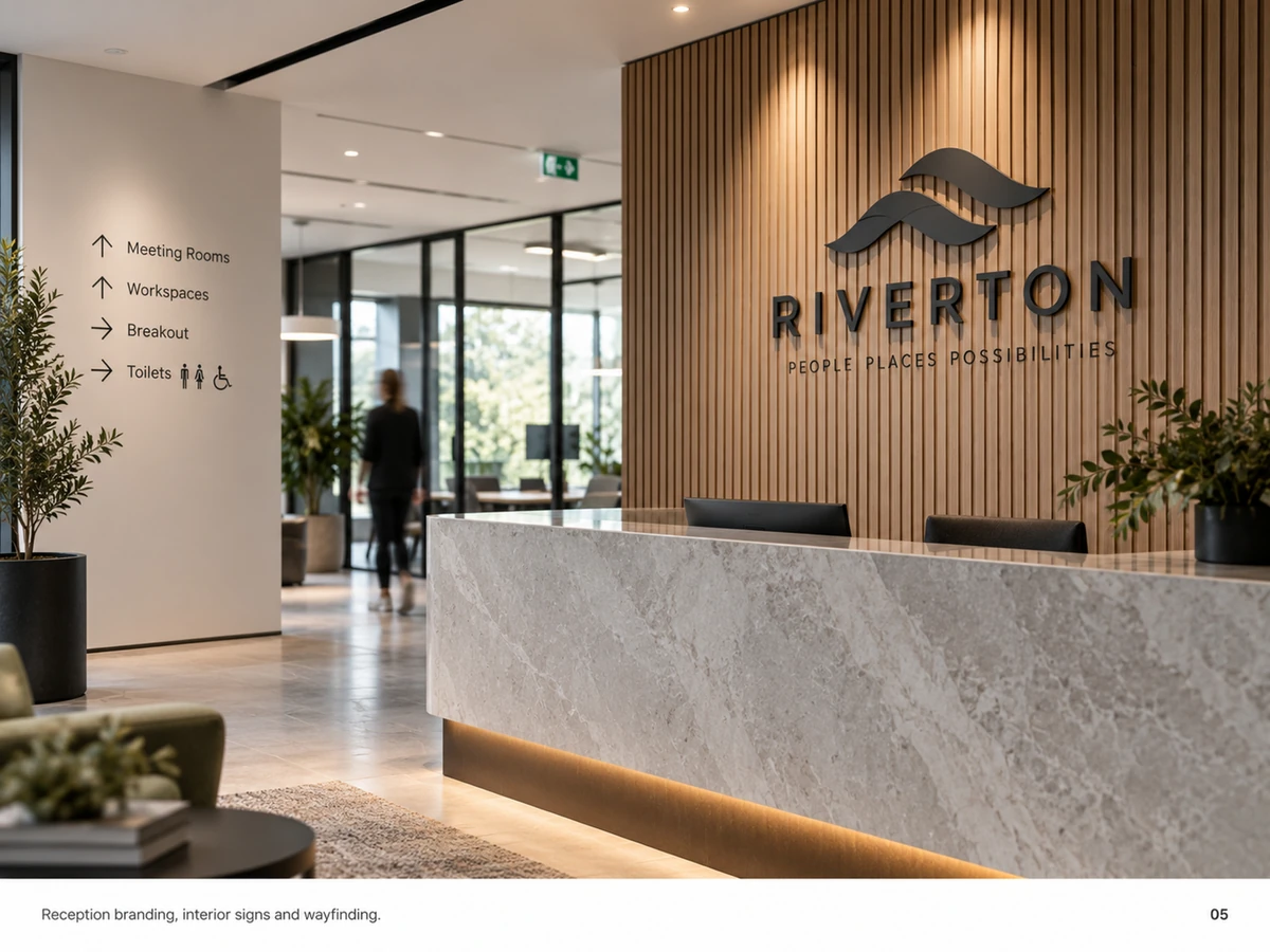 Page 5: Reception branding, interior signs and wayfinding.