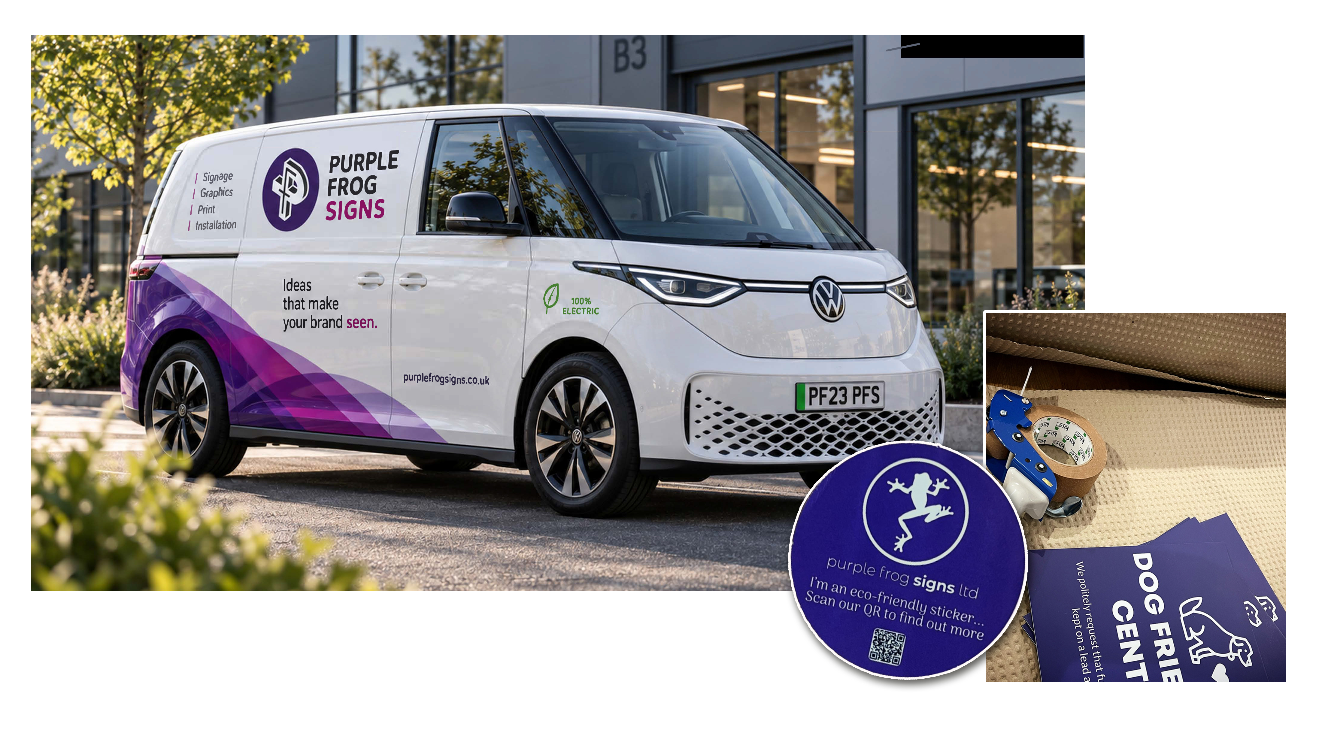 Purple Frog Signs fully electric Volkswagen ID. Buzz with recycled and biodegradable packaging and recycled vegan stickers.