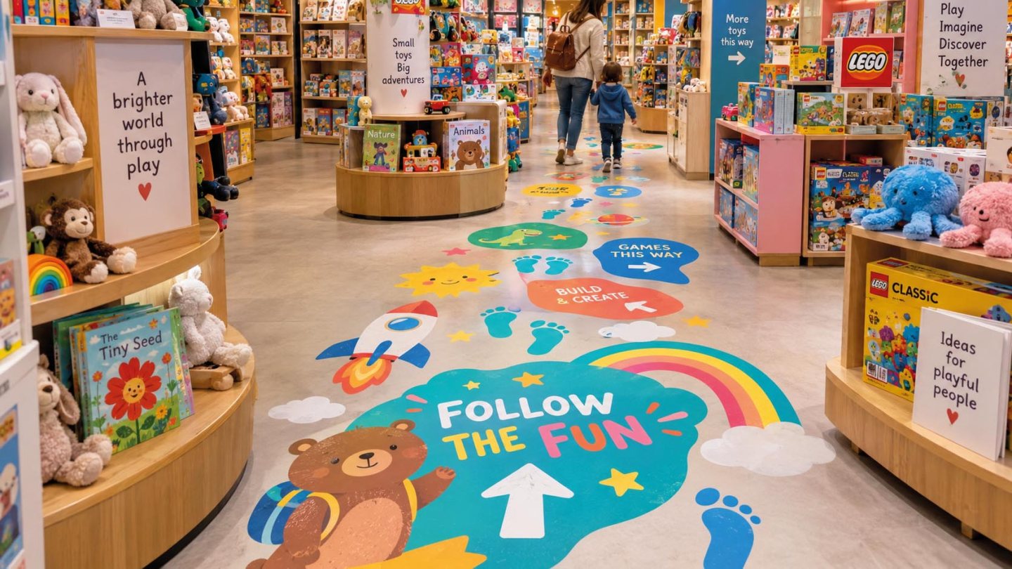 Colourful printed floor graphics with playful footprints, arrows and illustrations creating an interactive wayfinding trail through a modern toy shop.