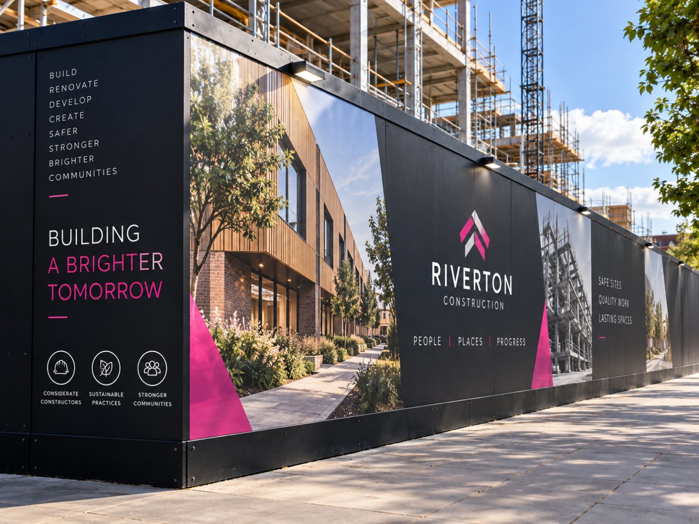 Printed construction site hoarding panels with full-colour branded graphics installed around a development site.