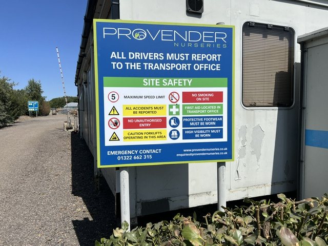 Provender Nurseries outdoor site safety sign displaying driver instructions, speed limit and health and safety requirements at the transport office entrance.