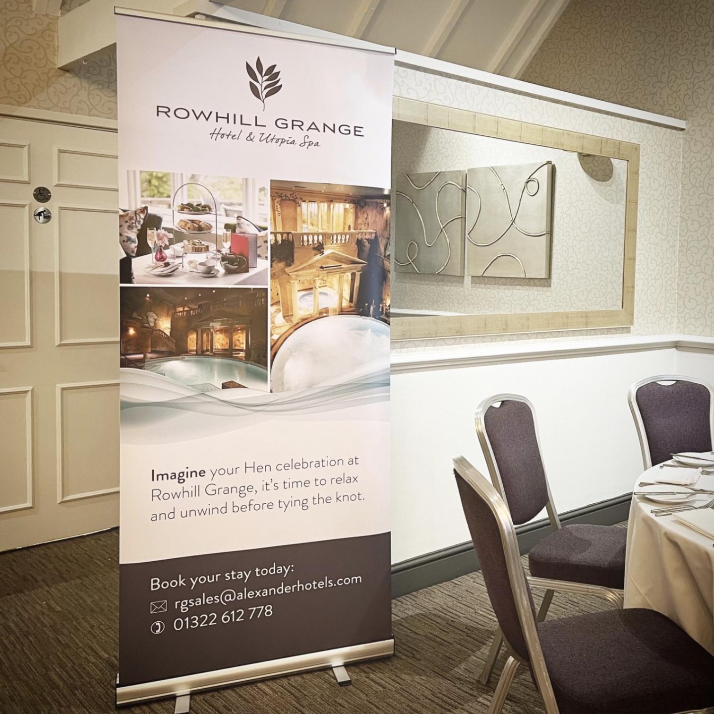 Rowhill Grange roller banner in hotel setting.