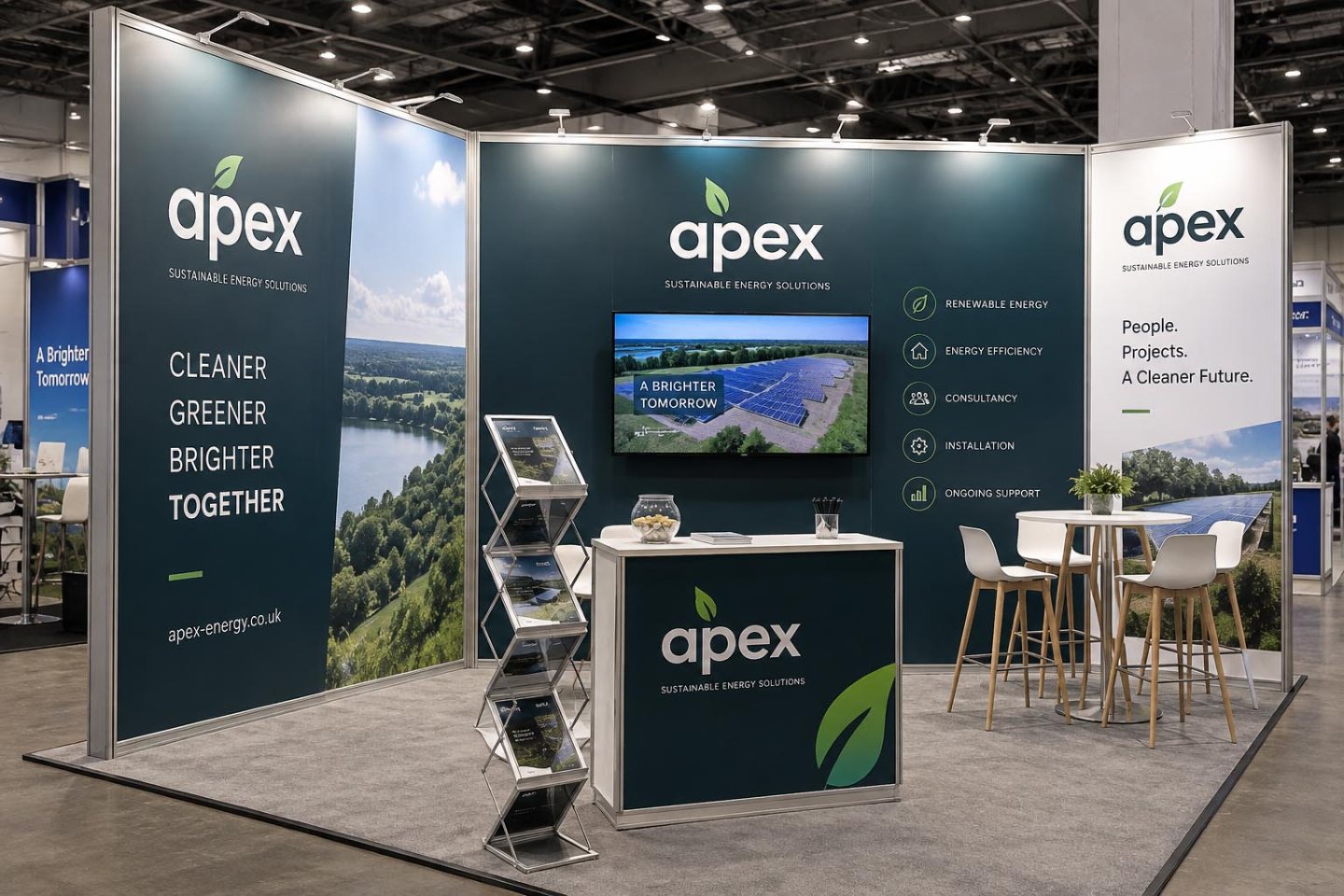 Modular exhibition stand with branded wall panels, display screen, reception counter, brochure stand and seating area at a trade show.