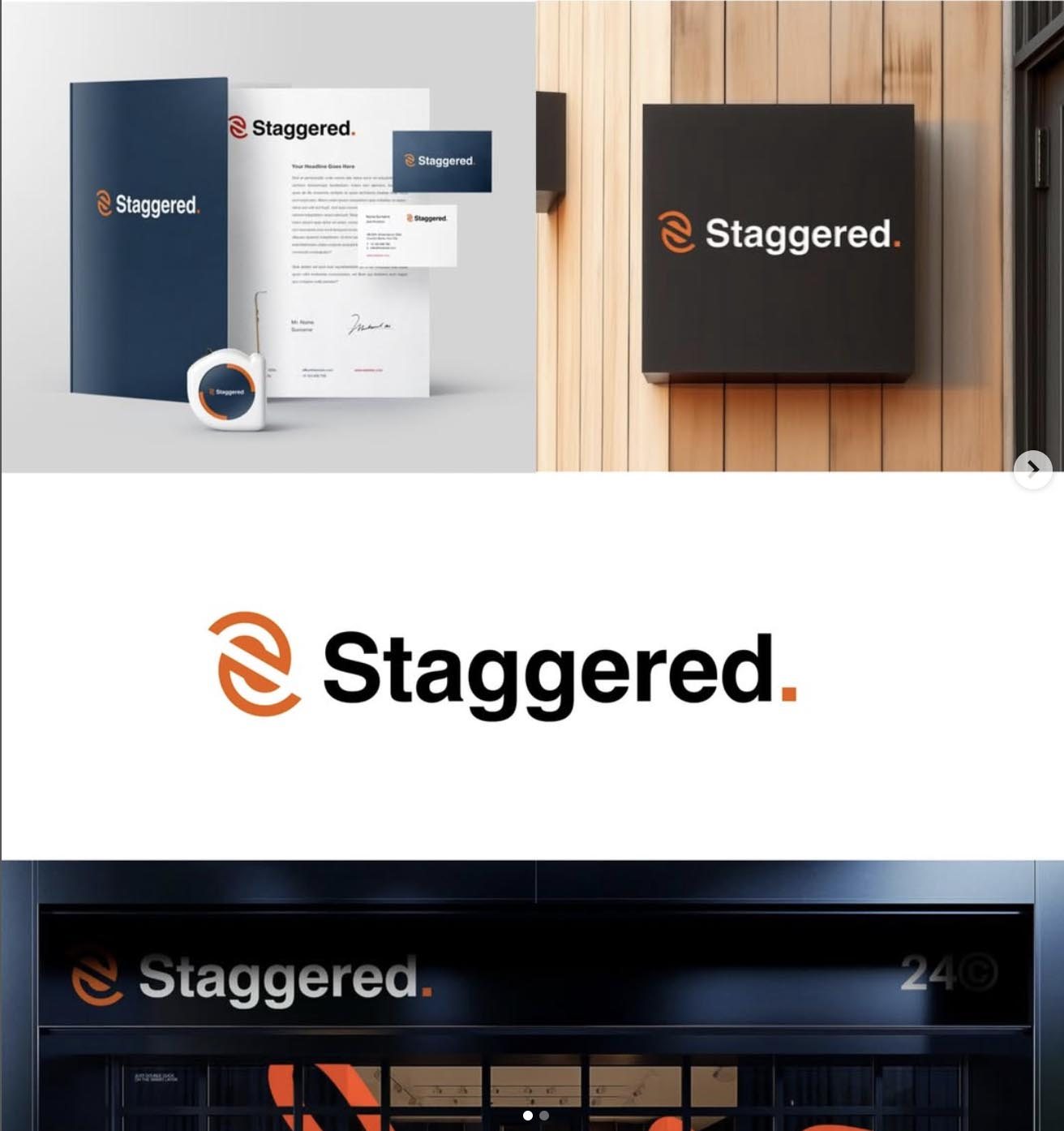 Staggered brand identity shown across business stationery, printed marketing materials and exterior business signage in black, orange and white.