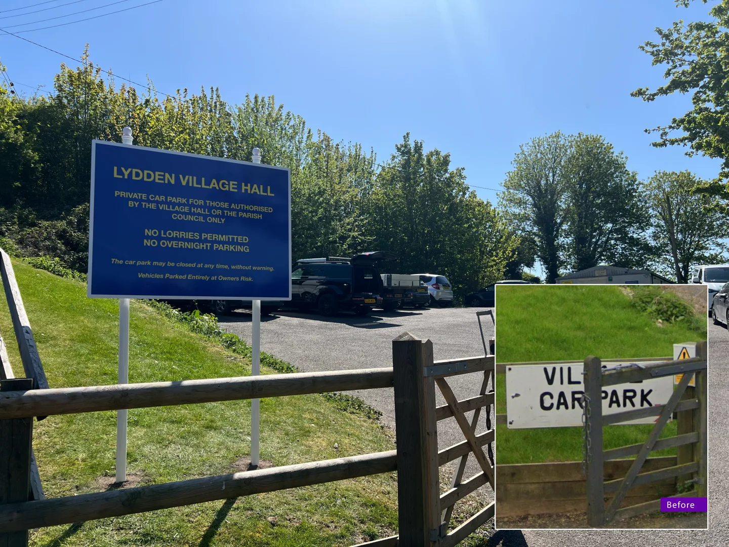 Before and after Lydden Village Hall car park sign in Kent, showing new post and panel signage by Purple Frog Signs.