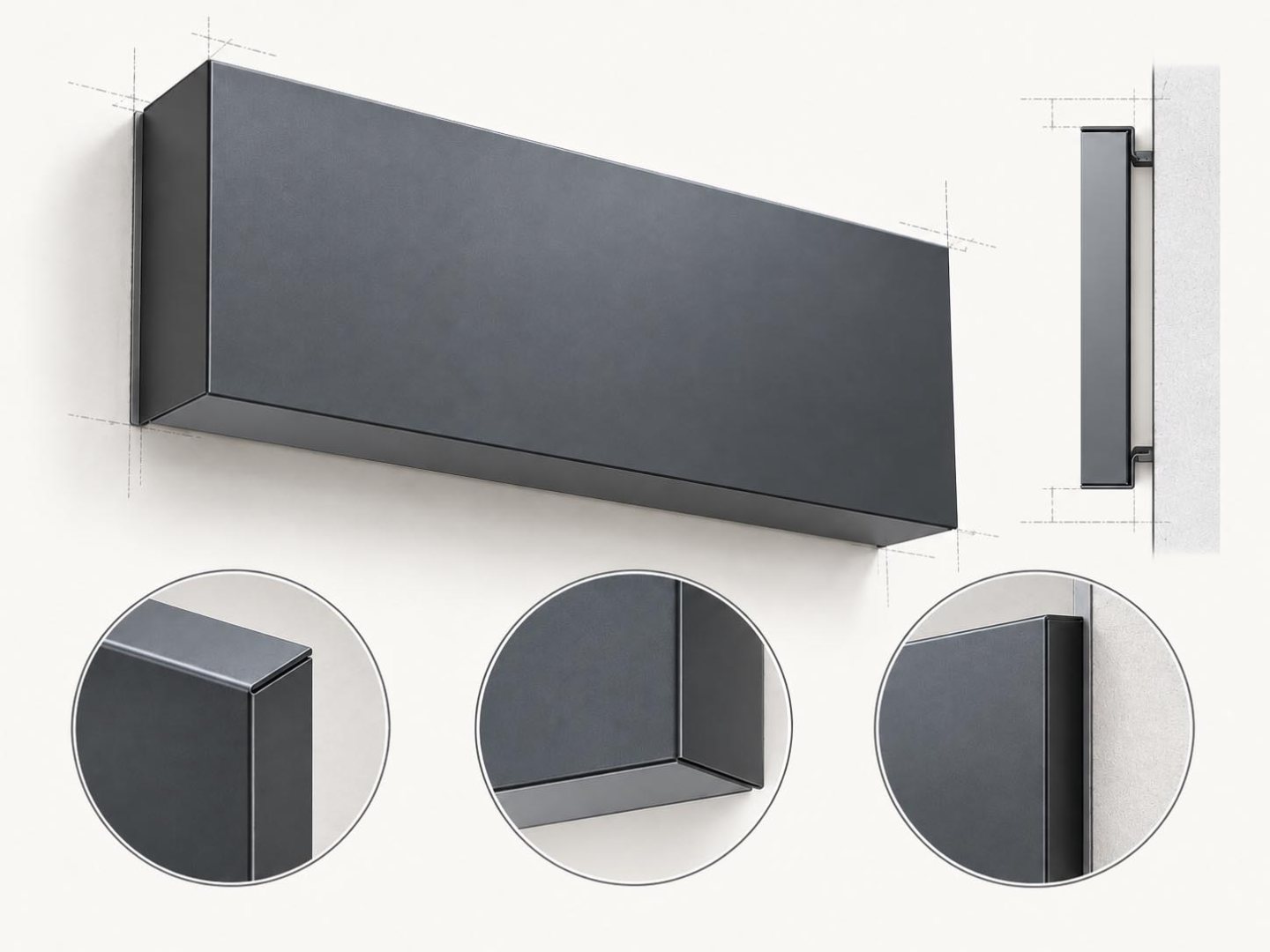 Technical diagram of a folded aluminium sign tray showing the blank front face, returned edges, wall-mounted side profile and close-up construction details.