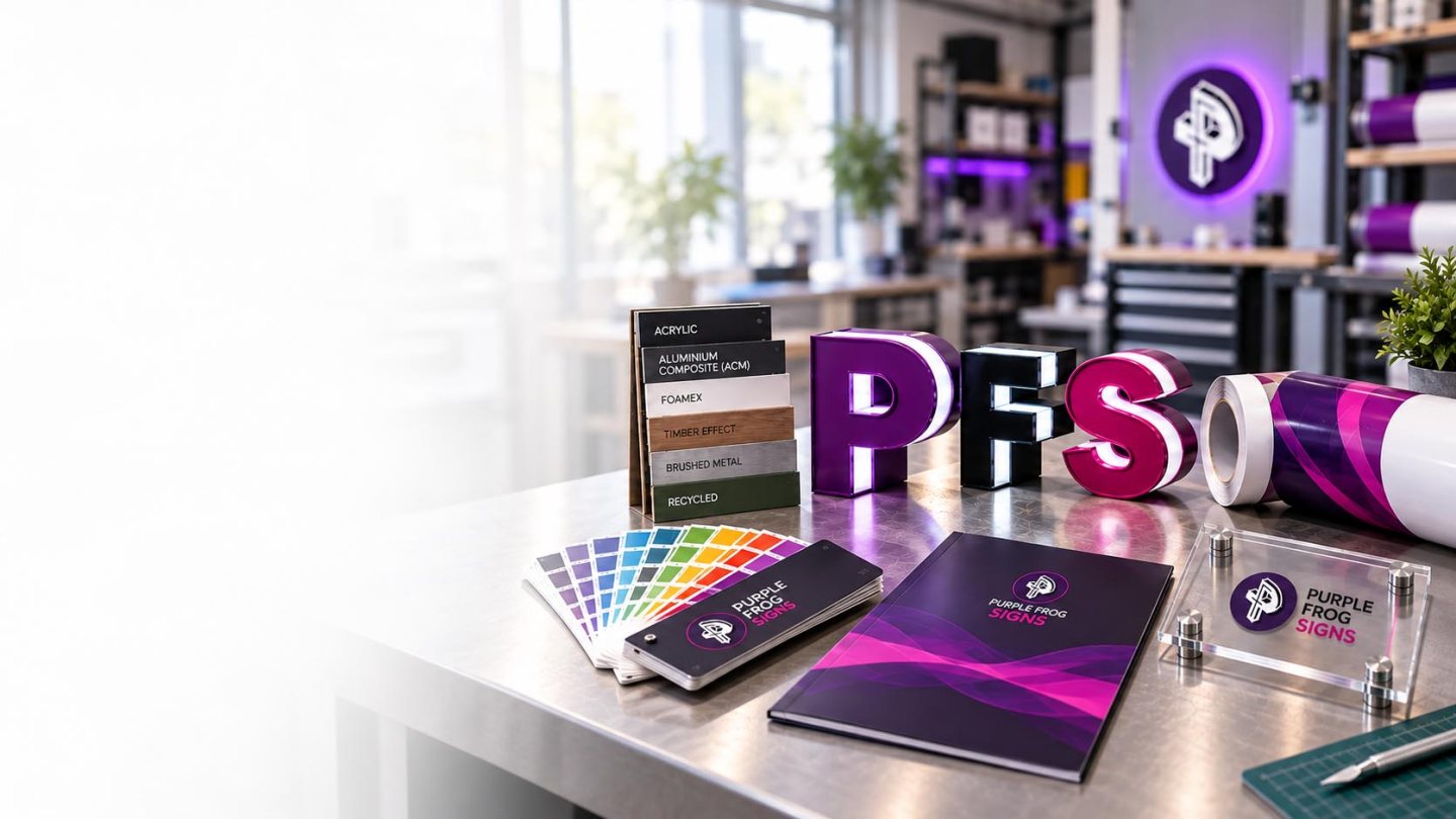 Purple Frog Signs material and print samples displayed in a studio, including acrylic, ACM, Foamex, vinyl, colour swatches and illuminated lettering.