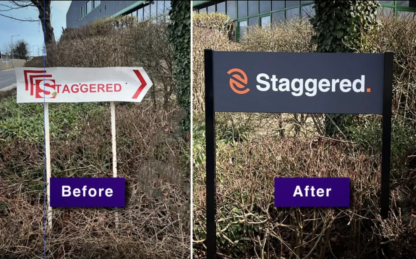 Before and after: Staggered’s white directional sign replaced with a dark post-and-panel sign featuring its updated branding.