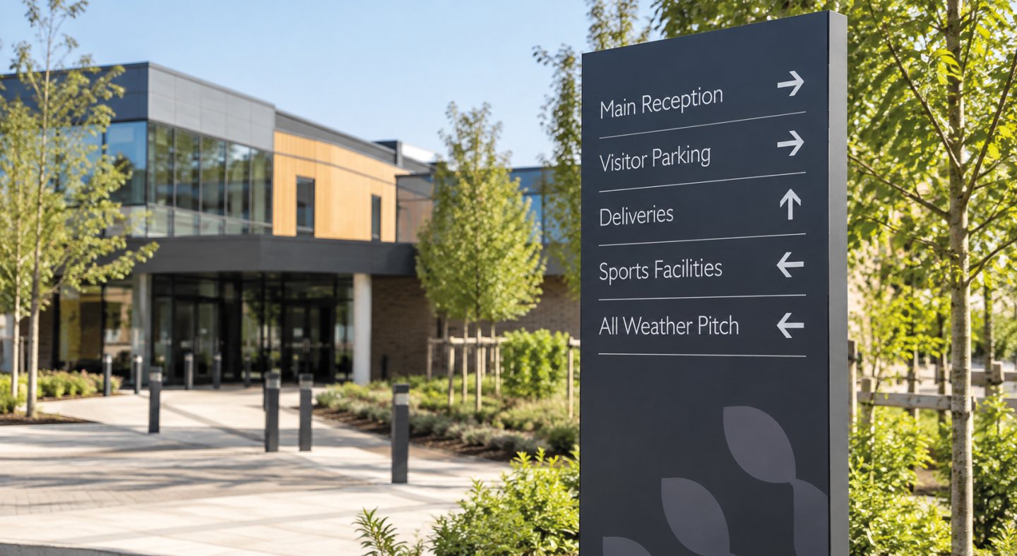 Modern exterior wayfinding sign with clear directional information in a professional campus-style setting