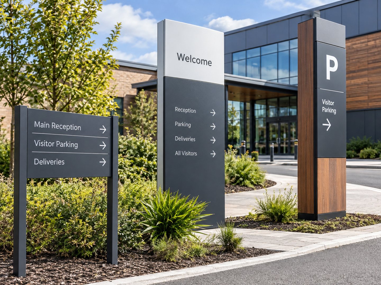 Illustration of post-and-panel, monolith and totem signs outside a modern building, directing visitors to reception, parking and deliveries.