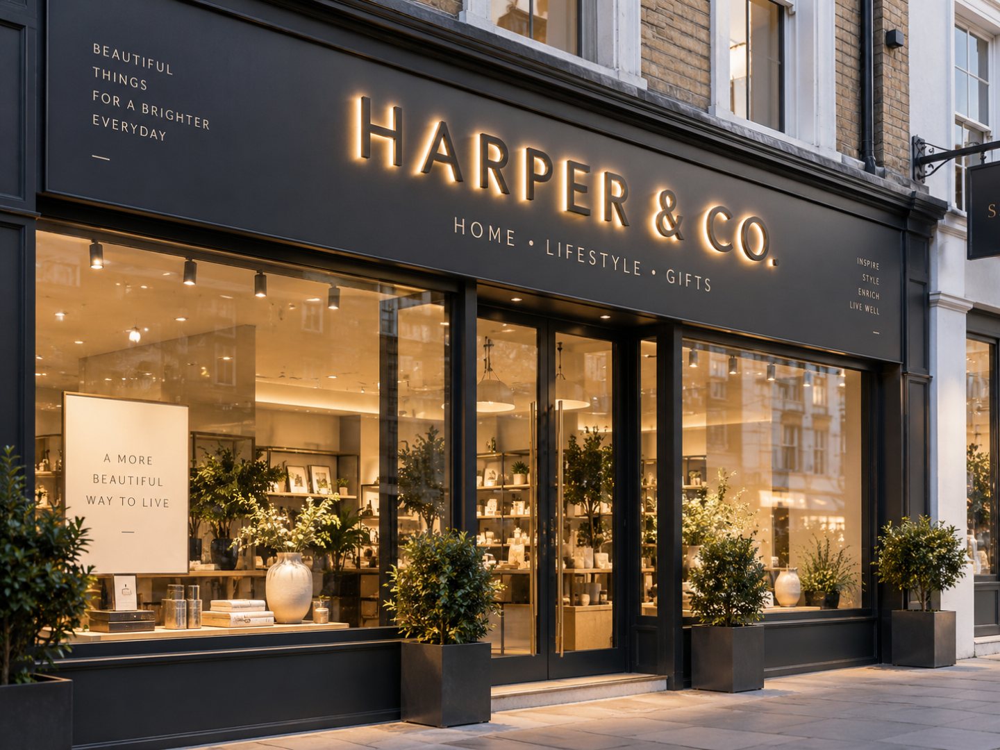 Illustration of a shopfront with halo-lit built-up letters spelling “Harper & Co.” on a charcoal fascia above large display windows.