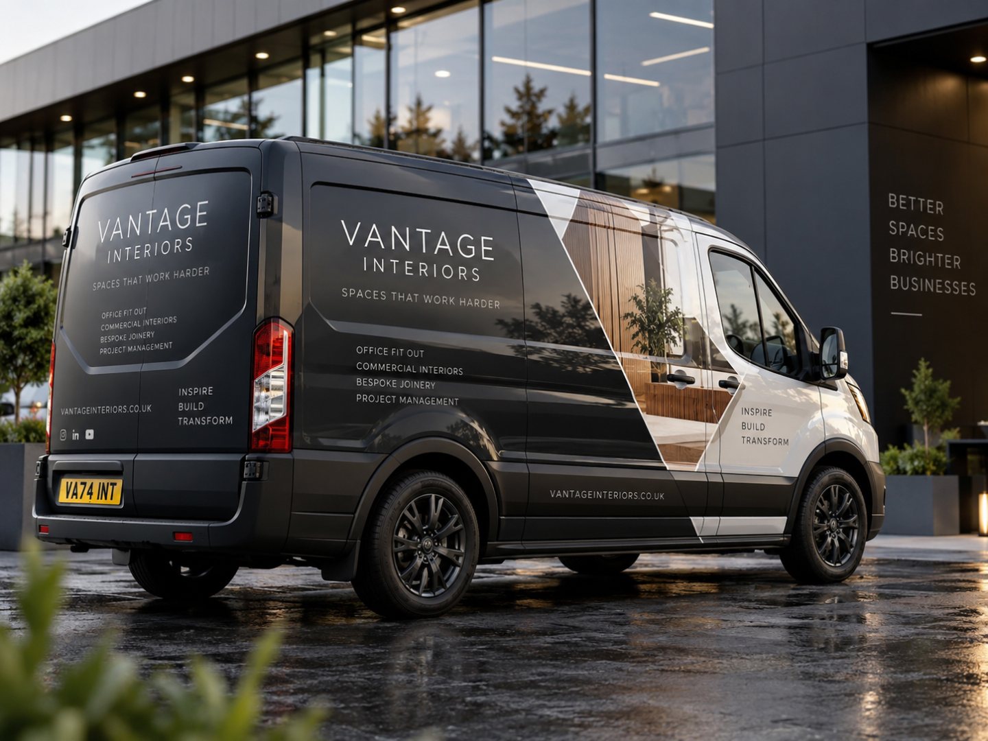 Illustration of a commercial van with a charcoal-and-white wrap, interior-design imagery and 'Vantage Interior' branding on the side and rear.