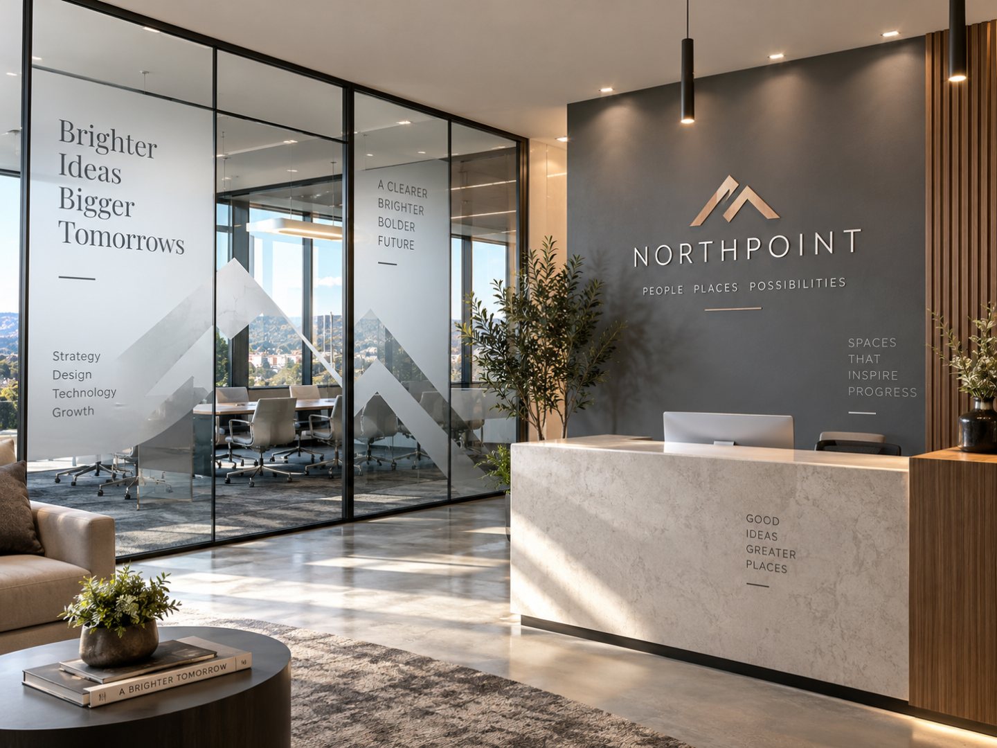 Illustration of a modern office reception with frosted geometric window graphics on glass partitions and “Northpoint” branding on a charcoal feature wall.