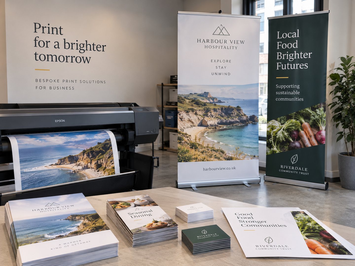 Illustration of a print studio with a large-format printer, two roller banners and a wooden table displaying brochures, leaflets and business cards.