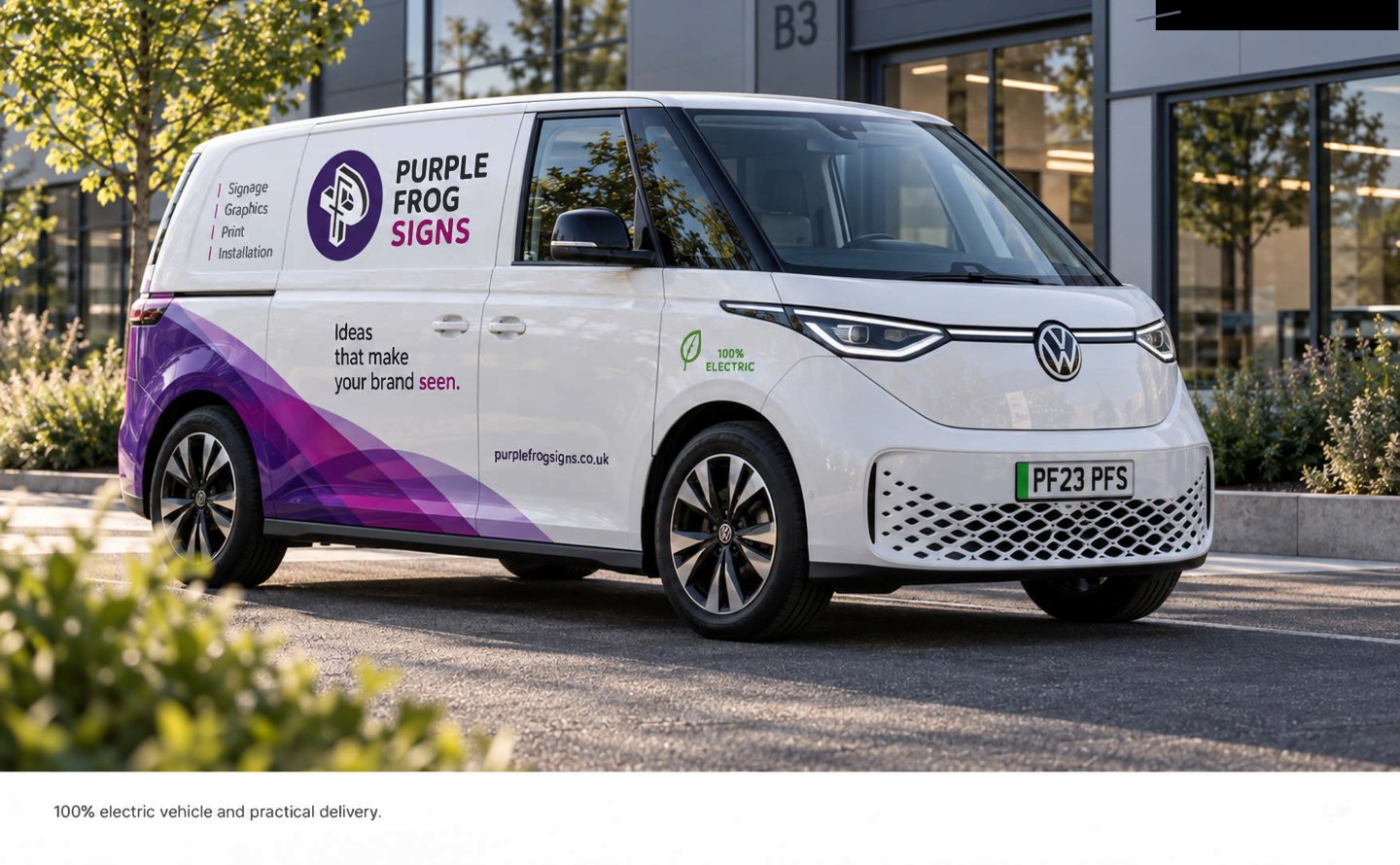 Purple Frog Signs fully electric Volkswagen ID. Buzz branded with signage, graphics, print and installation services.