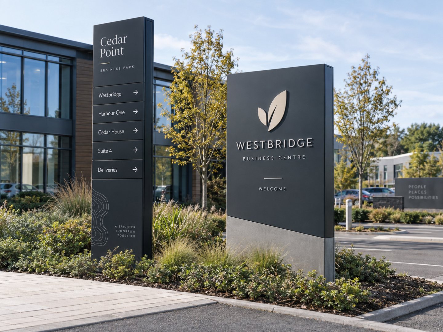 Modern freestanding totem and monolith signs with directional panels and dimensional lettering, installed at a landscaped commercial business park.