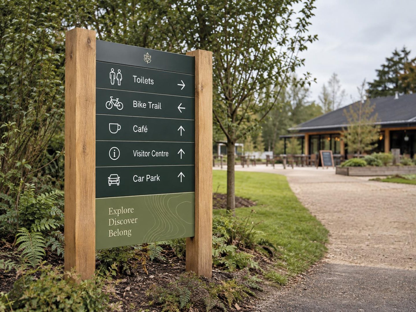 External country park wayfinding sign with timber posts and green directional panels for toilets, bike trail, café, visitor centre and car park.
